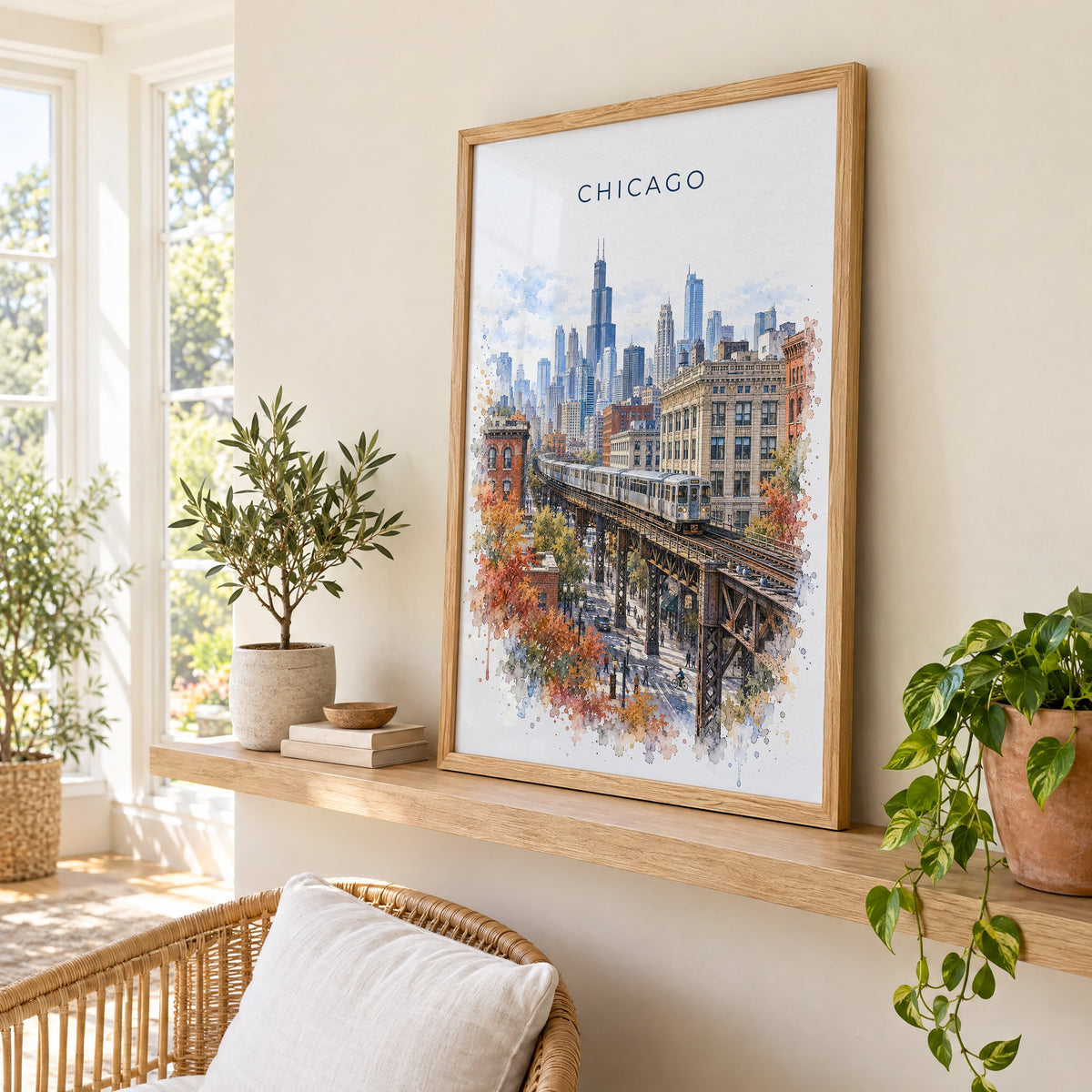 Chicago Loop watercolor print in an oak frame on a picture ledge in a sunlit sunroom