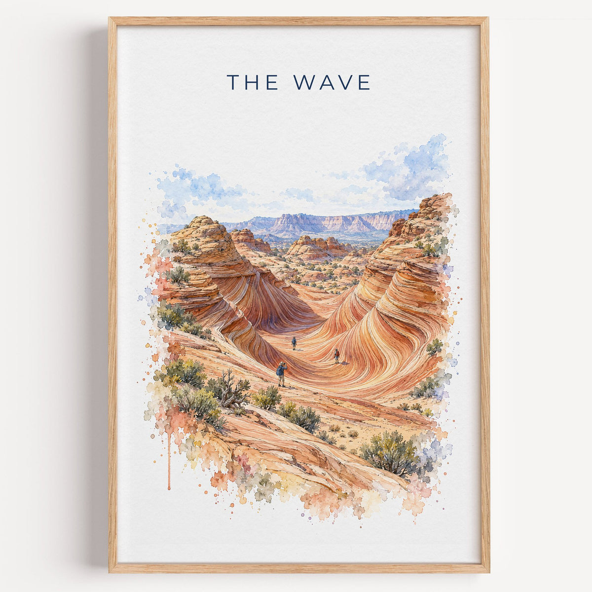 The Wave, Arizona watercolor print in a light oak frame on a plain white wall