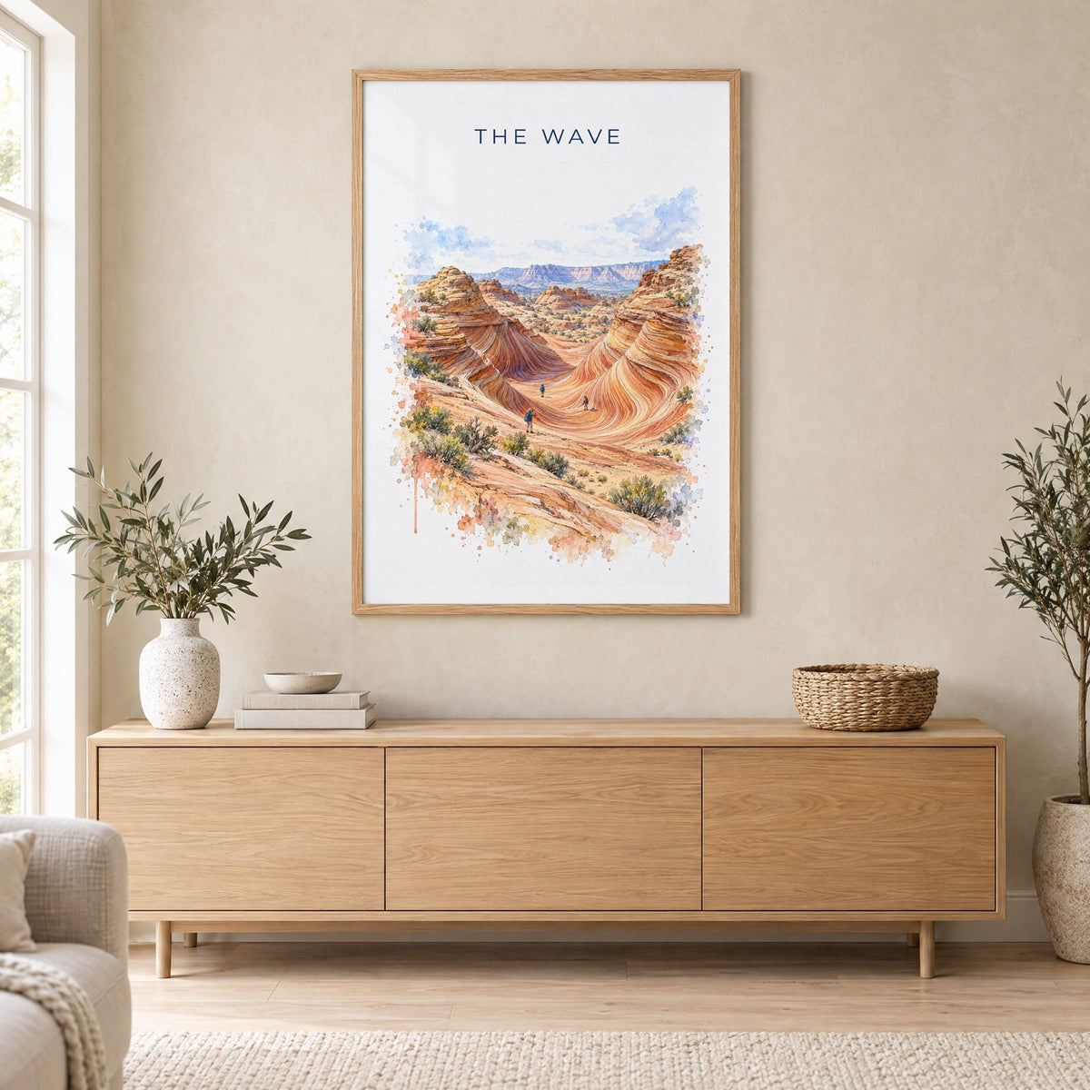 The Wave, Arizona watercolor print in an oak frame above a light wood sideboard in a Scandinavian living room