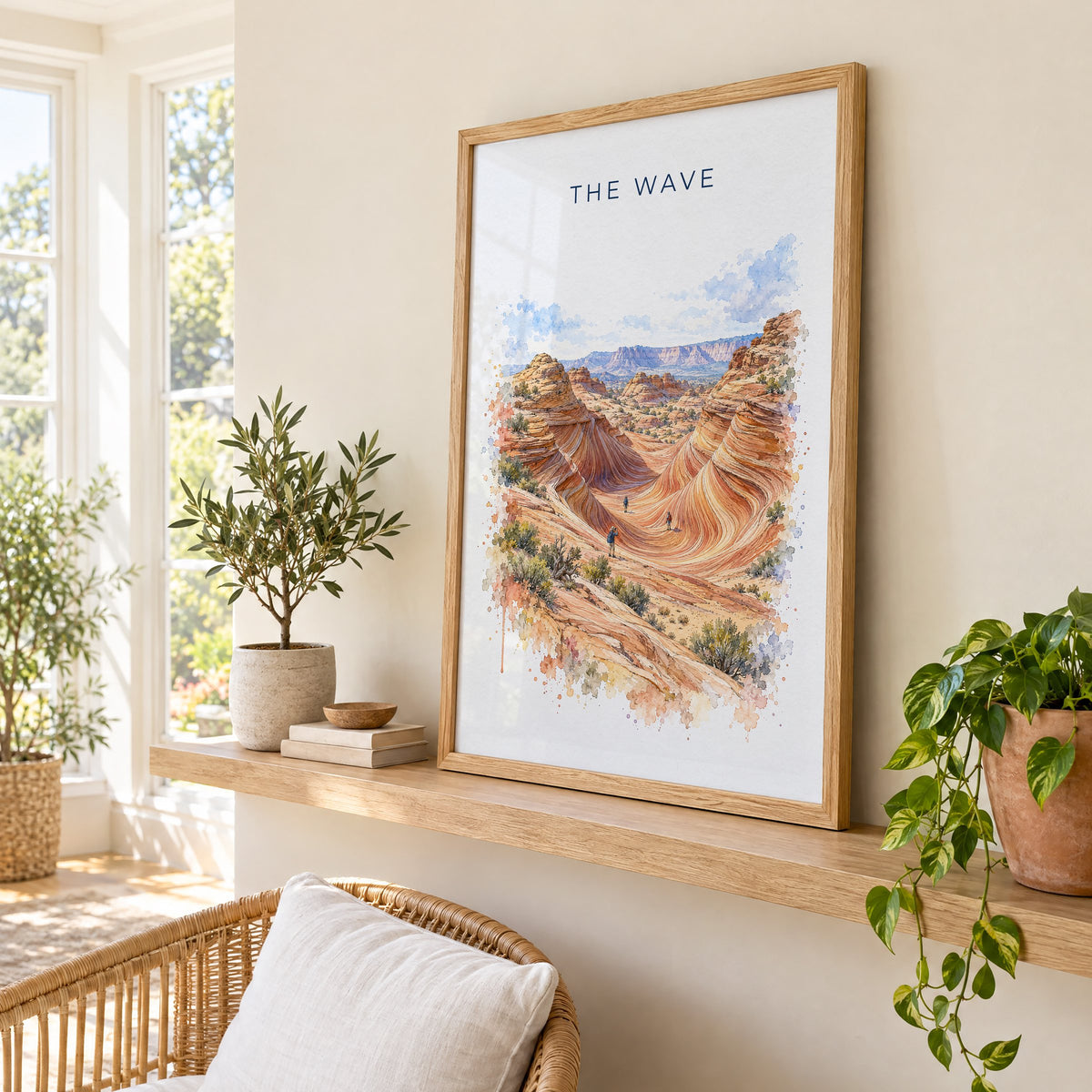 The Wave, Arizona watercolor print in an oak frame on a picture ledge in a sunlit sunroom