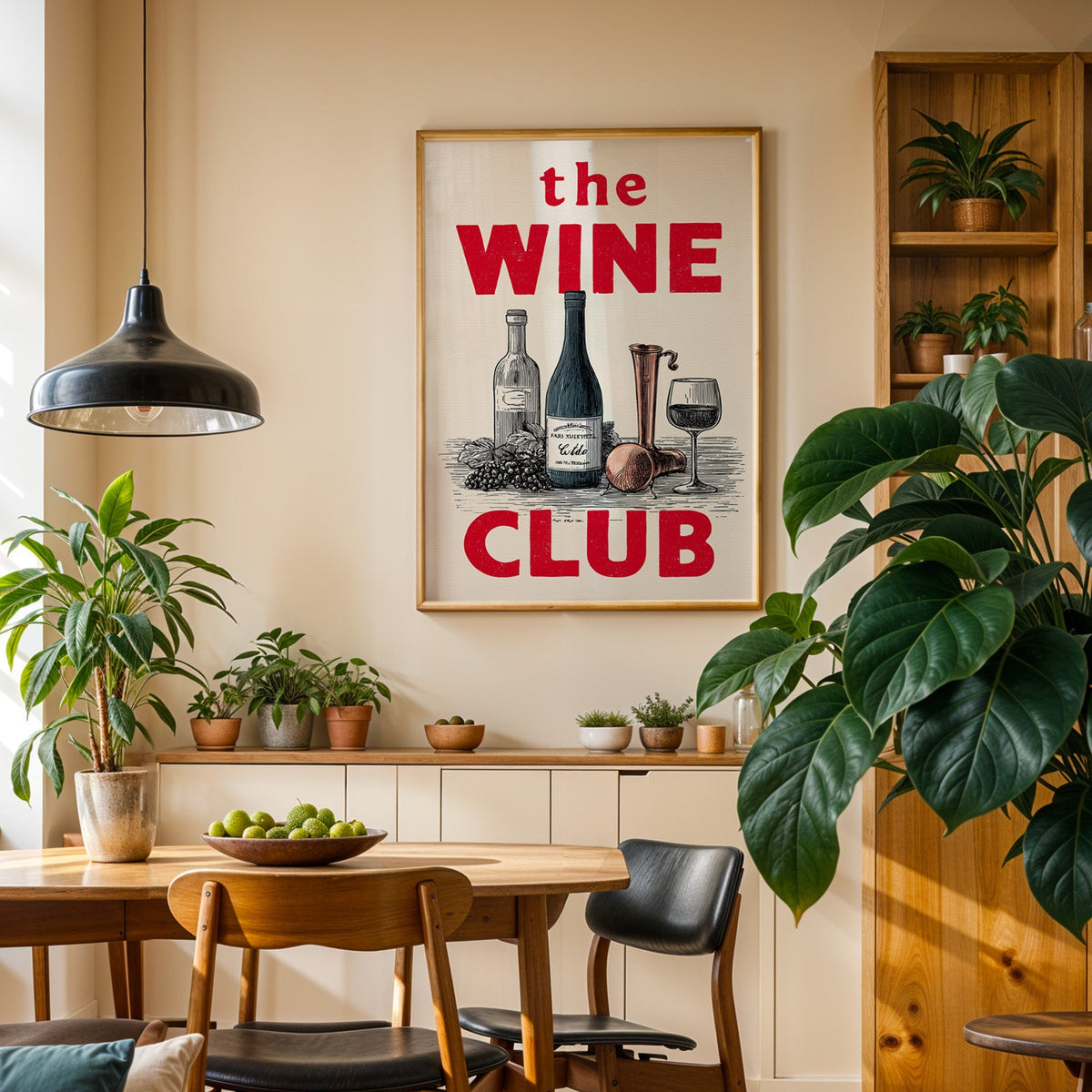 The Wine Club print in an oak frame in a dining room above a plant-lined sideboard