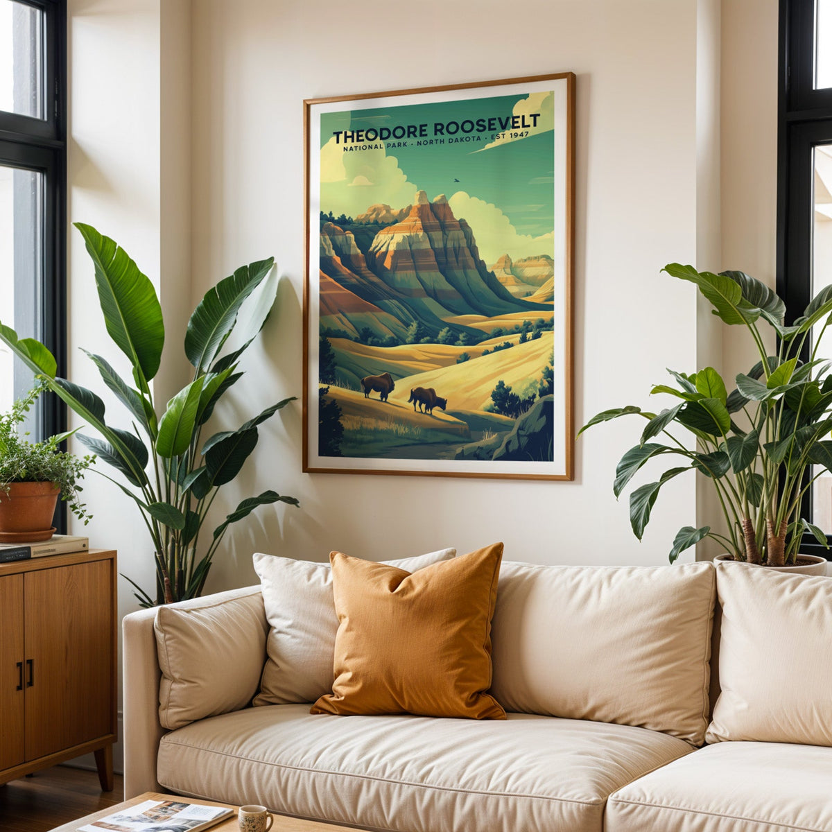 Theodore Roosevelt National Park print in an oak frame above a cream living room sofa with an ochre cushion