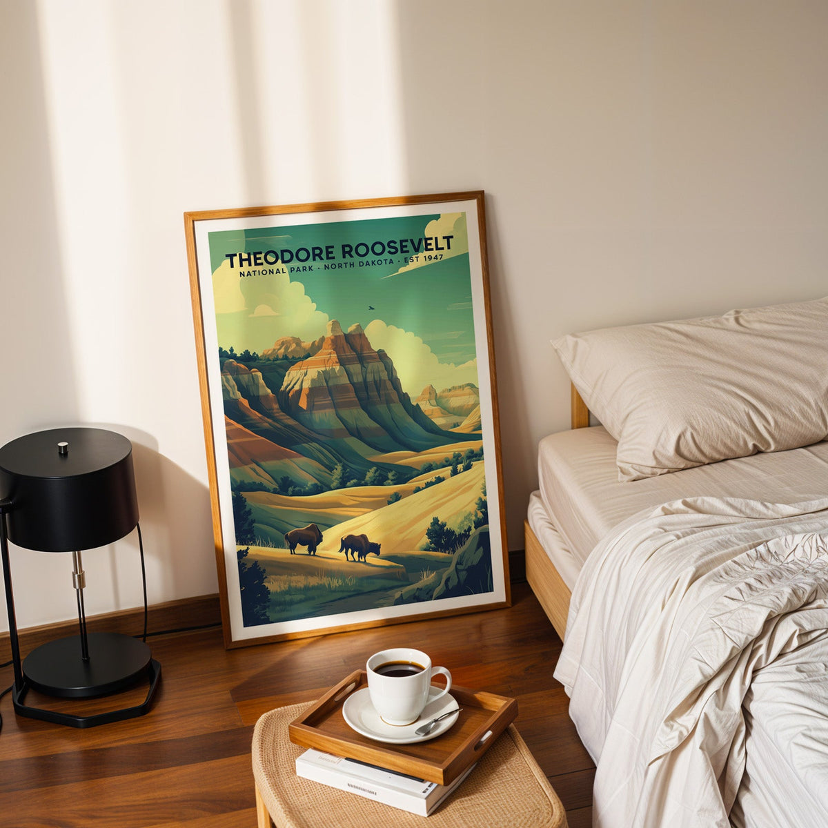 Theodore Roosevelt National Park print in an oak frame leaning on a bedroom floor beside a coffee tray