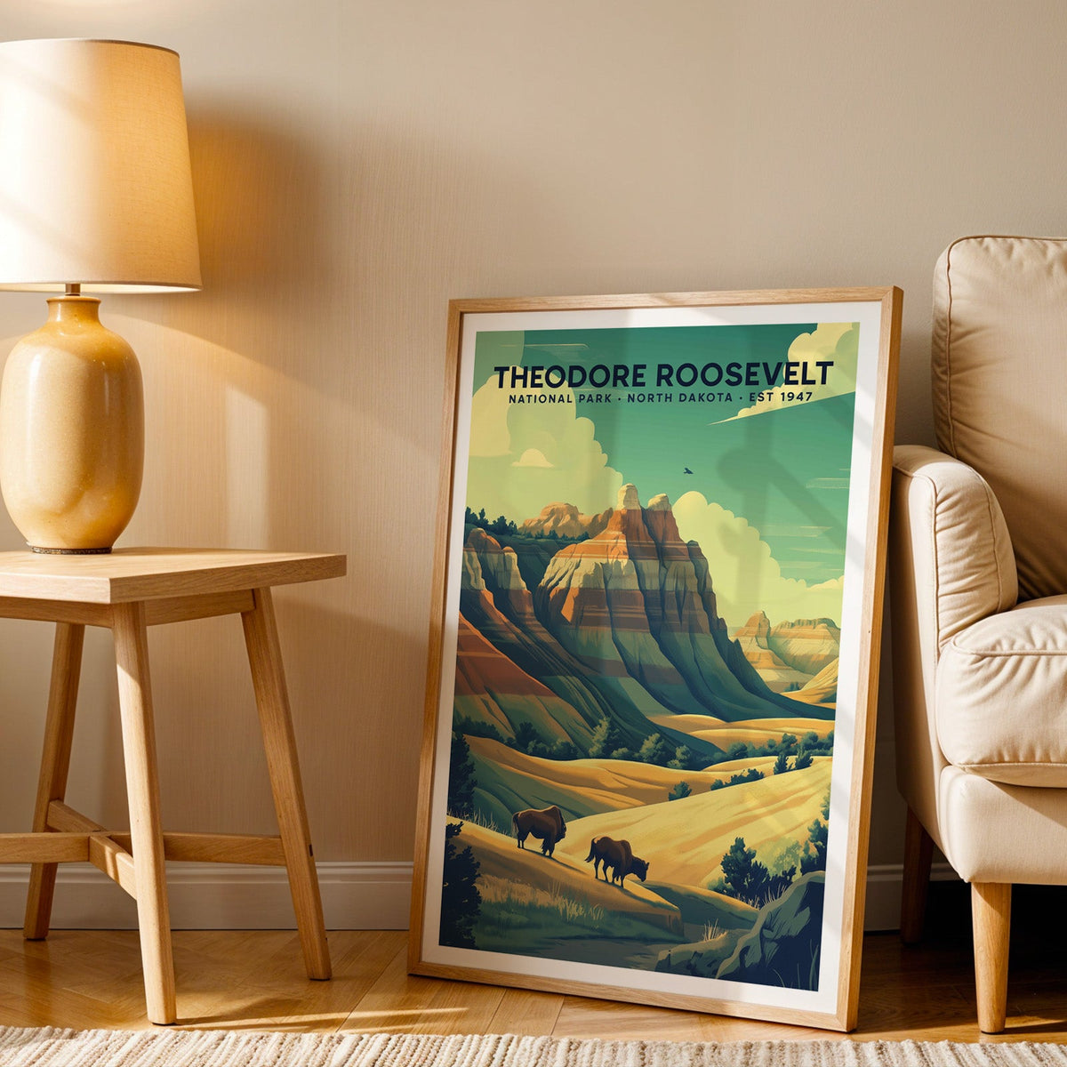 Theodore Roosevelt print in an oak frame beside a cream armchair and an amber lamp in warm afternoon light