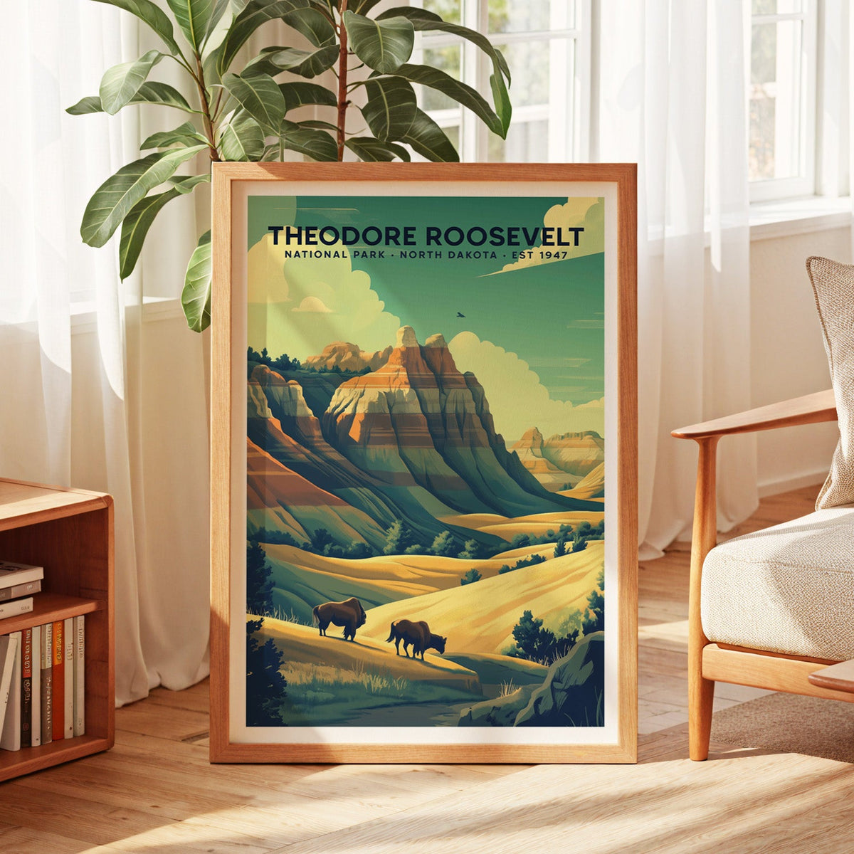 Theodore Roosevelt National Park print in an oak frame by a sunlit window with sheer curtains and a fig plant