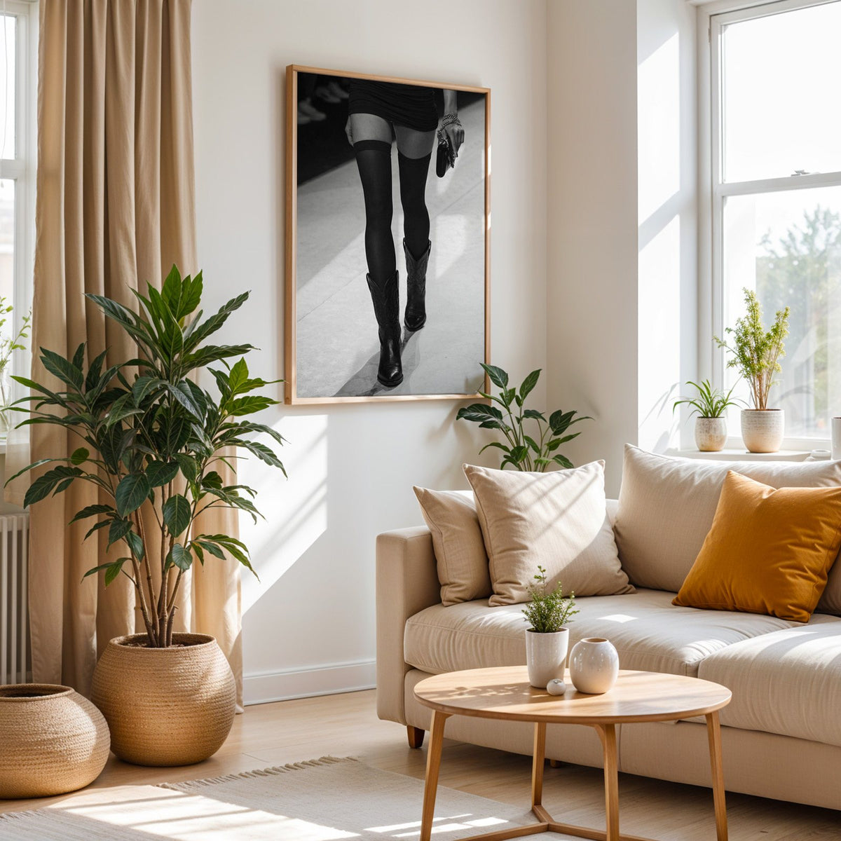 Legs in stockings and cowboy boots on runway print in an oak frame above a cream sofa beside woven planters