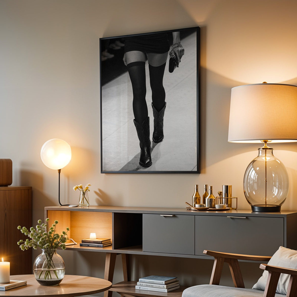 Legs in stockings and cowboy boots on runway print in a black frame above a grey media console with a glass table lamp