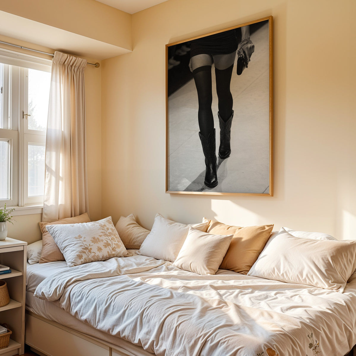 Legs in stockings and cowboy boots on runway print in an oak frame above a cream daybed in a sunny bedroom