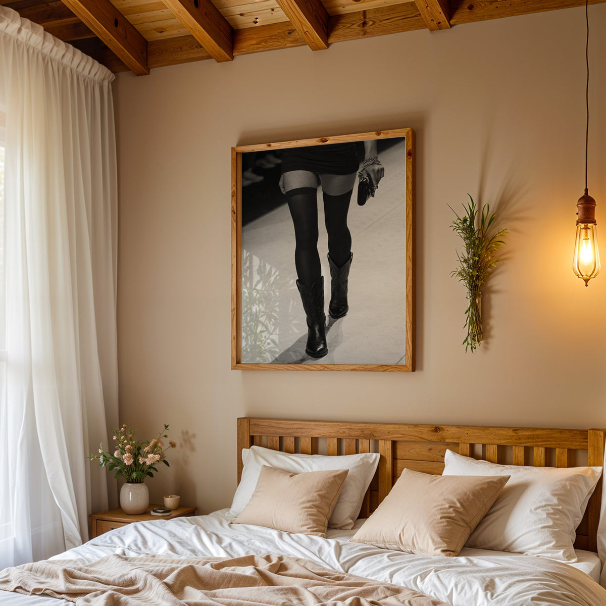 Legs in stockings and cowboy boots on runway print in a pine frame above a wood headboard bed under a pendant bulb