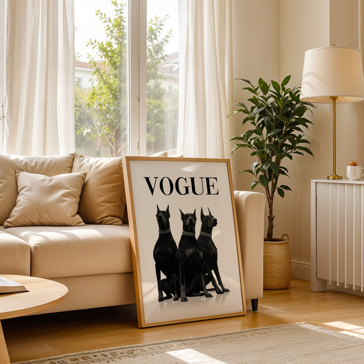 Three black Dobermans in spiked collars print in a light oak frame leaning on a cream sofa beside a floor lamp