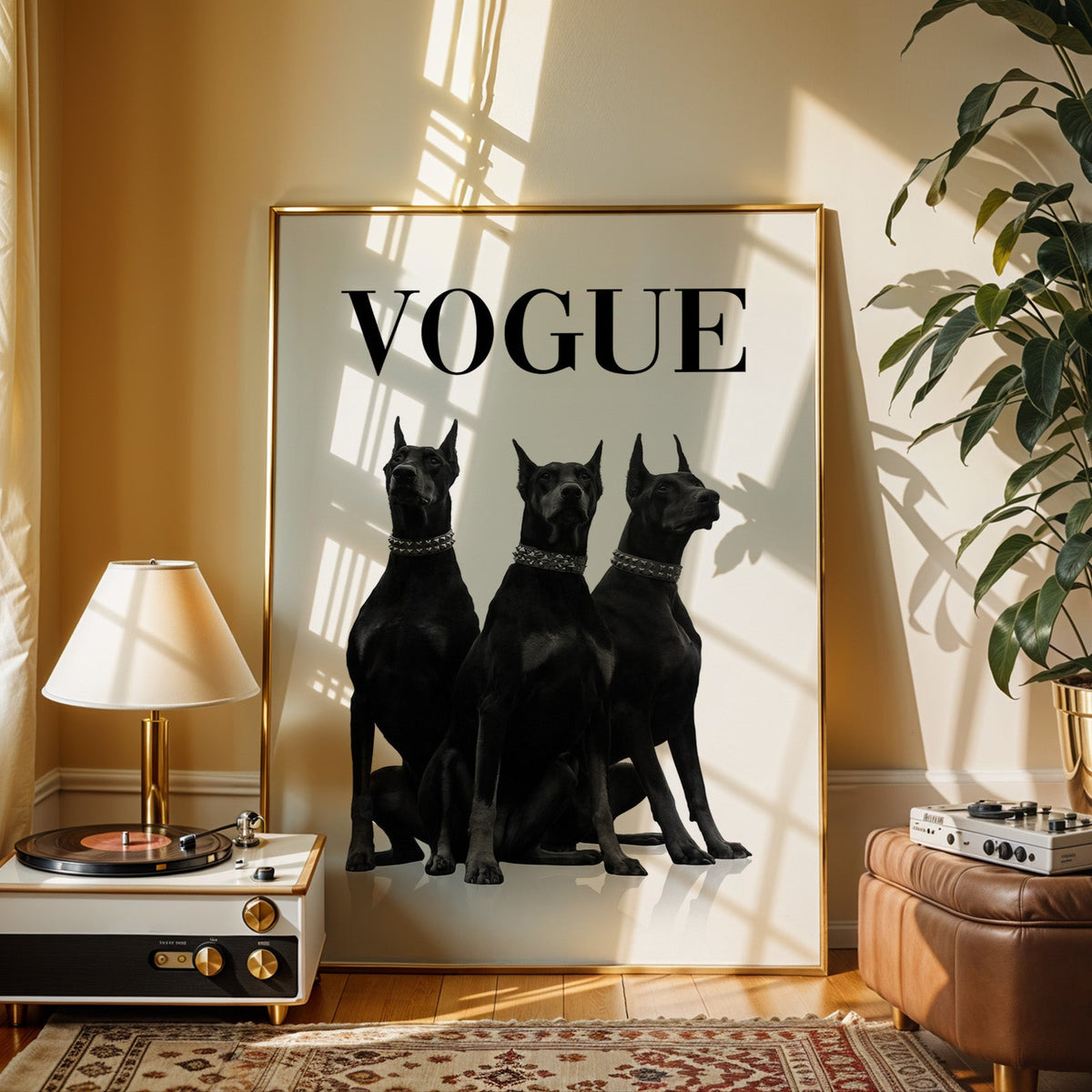 Three black Dobermans in spiked collars print shown in a gold frame beside a record player and table lamp