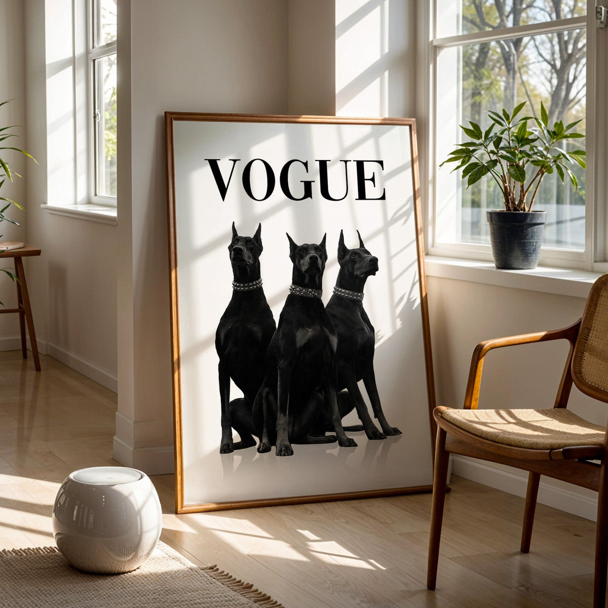 Three black Dobermans in spiked collars print in a walnut frame on a wood floor beside a cane chair and sunny window