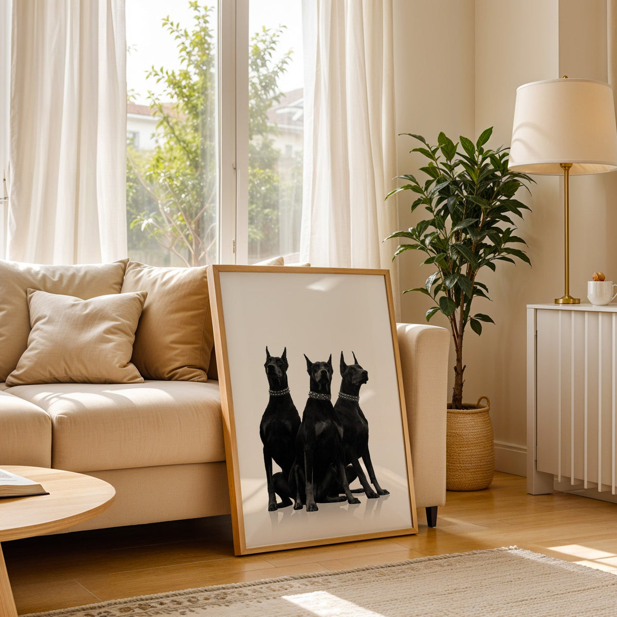 Three Dobermans in spiked collars on white print in a light oak frame leaning on a cream sofa beside a floor lamp