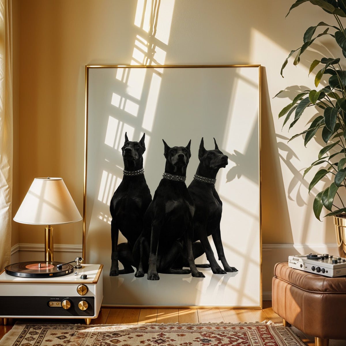 Three Dobermans in spiked collars on white print shown in a gold frame beside a record player and table lamp