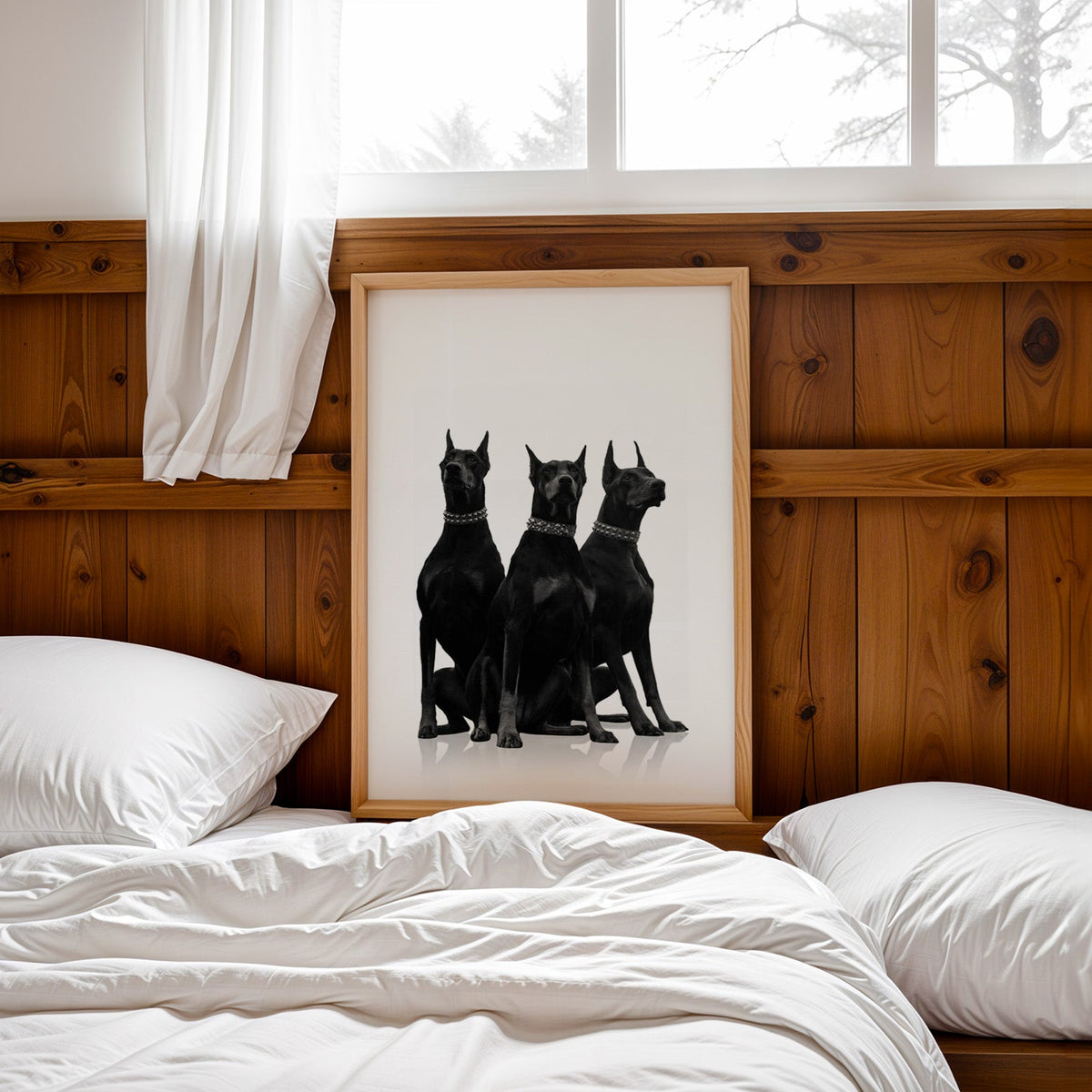 Three Dobermans in spiked collars on white print in a pine frame leaning on a wood headboard over white bedding
