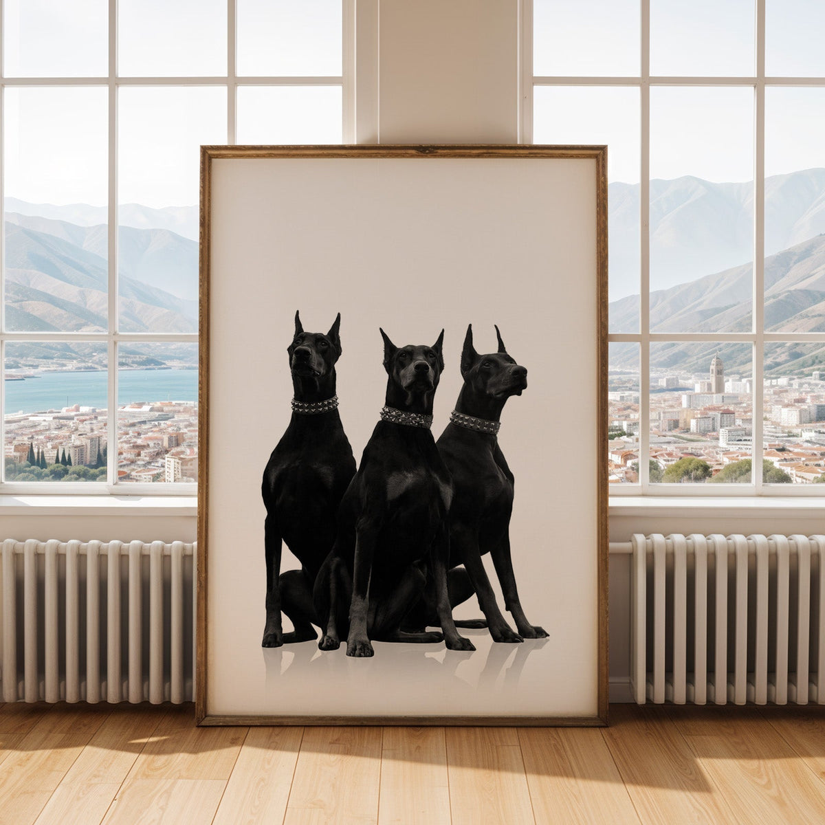Three Dobermans in spiked collars on white print shown in an antique gold frame by tall windows with a sea view