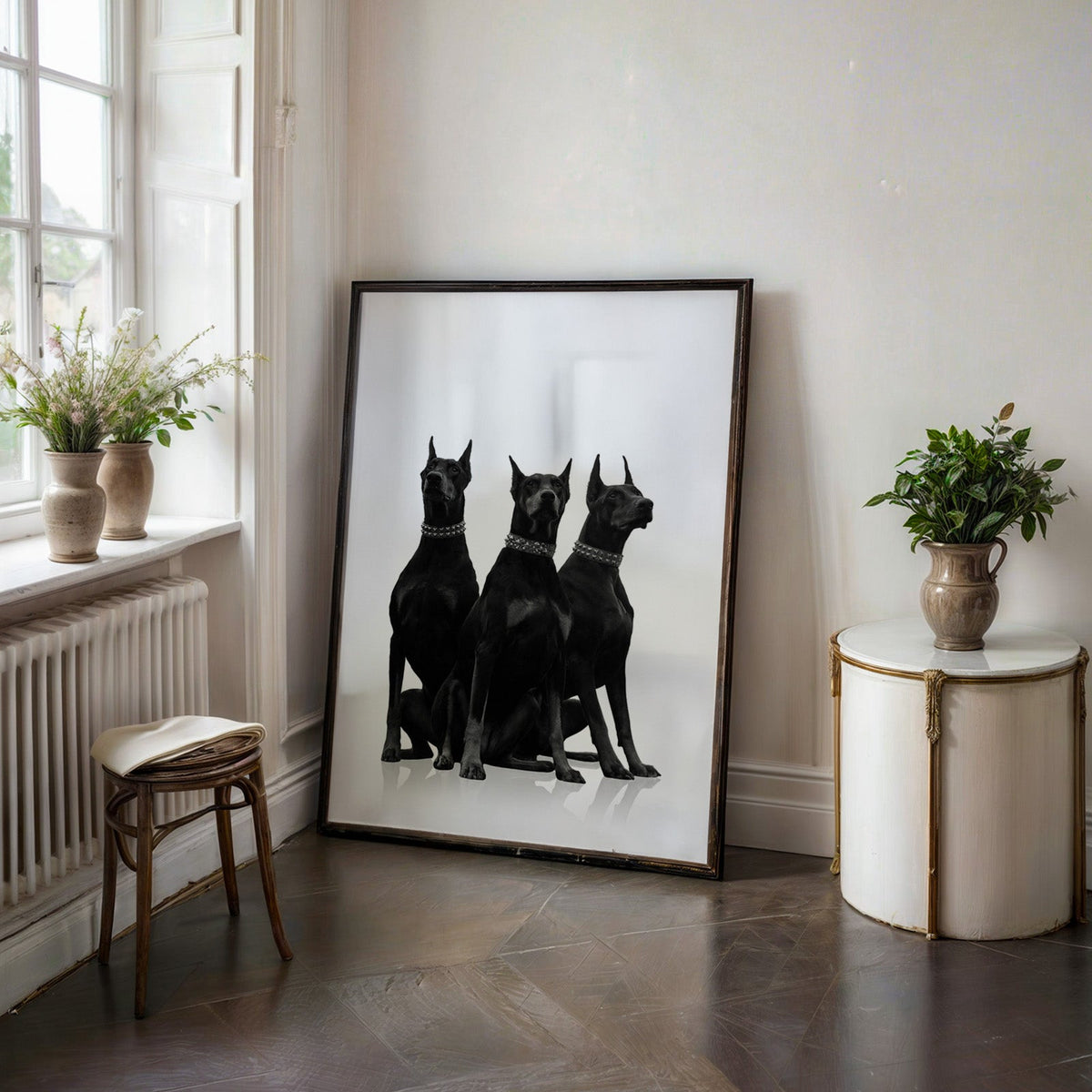 Three Dobermans in spiked collars on white print in a black frame on a dark stone floor beside a white side table