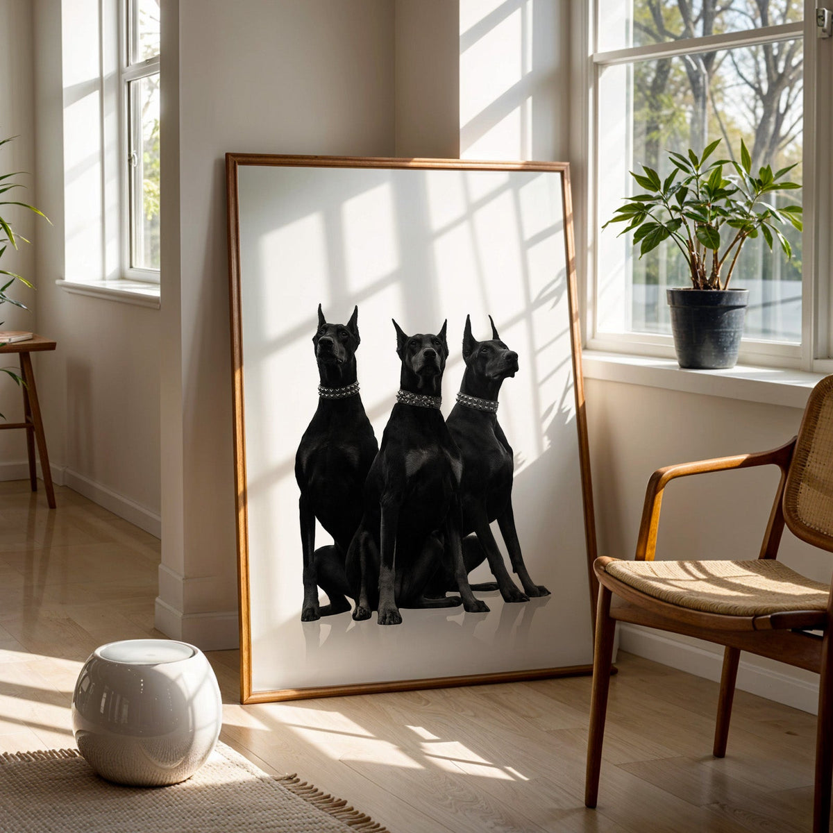 Three Dobermans in spiked collars on white print in a walnut frame on a wood floor beside a cane chair and sunny window