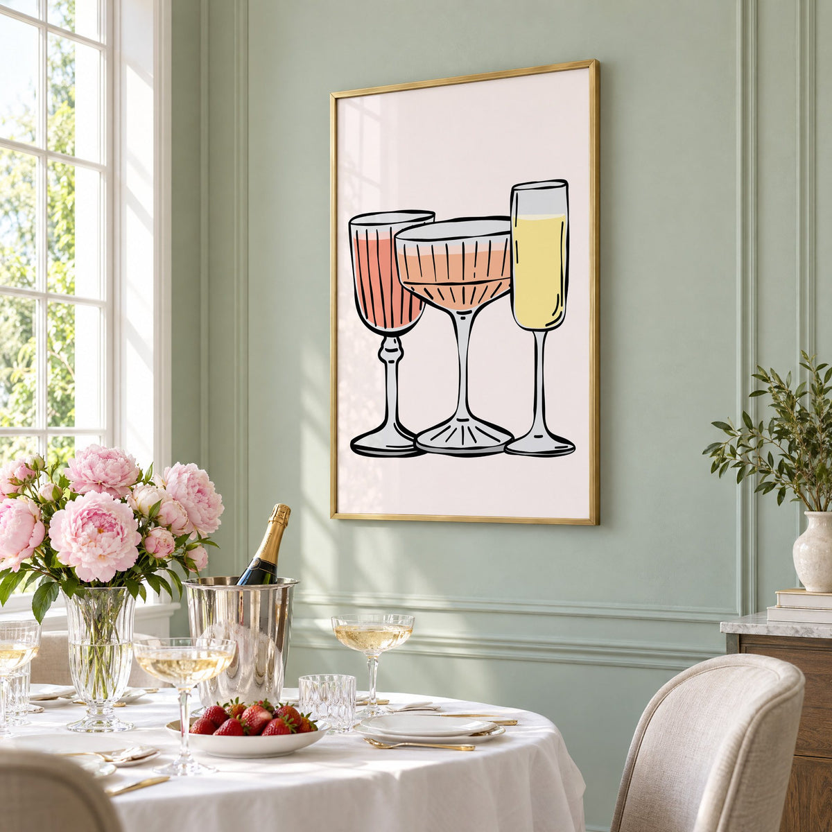 Three pastel cocktail glasses and champagne flute print in a brass frame on a sage wall above a brunch table with champagne and peonies, seen at an angle