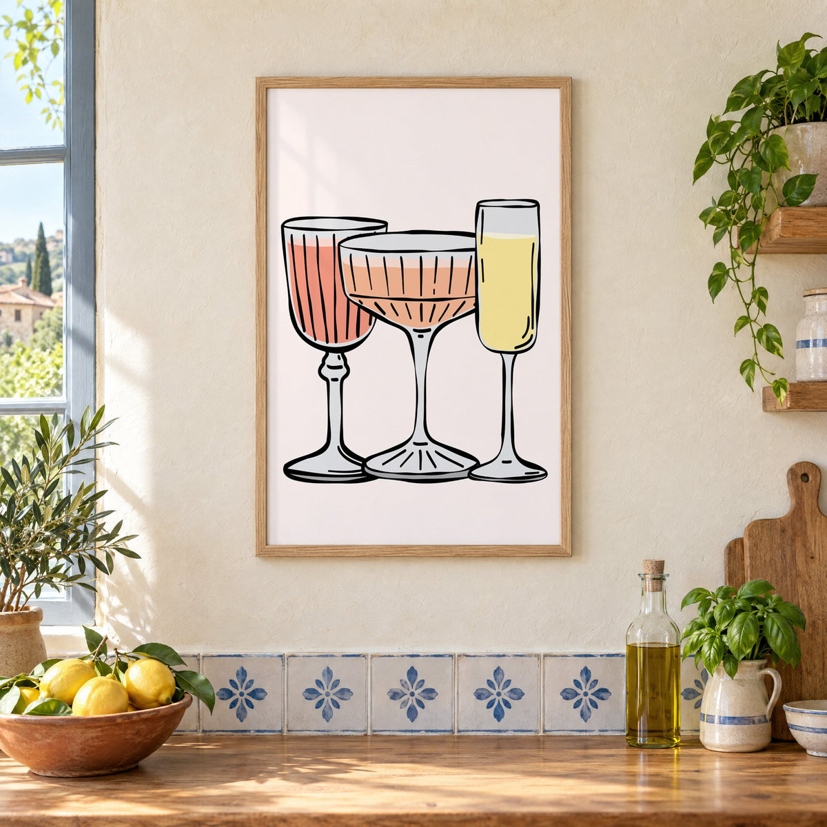 Three pastel cocktail glasses and champagne flute print in an oak frame on a cream plaster wall above a worktop with a bowl of lemons and blue-and-white tiles