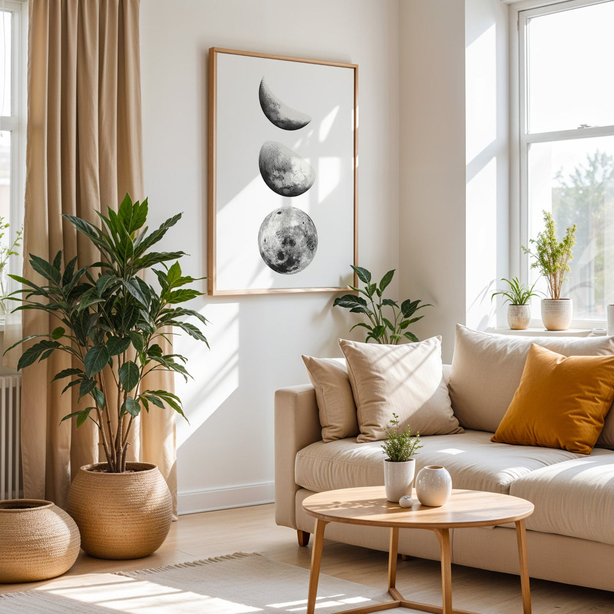 Three moon phases stacked vertically on white print in an oak frame above a cream sofa beside woven planters