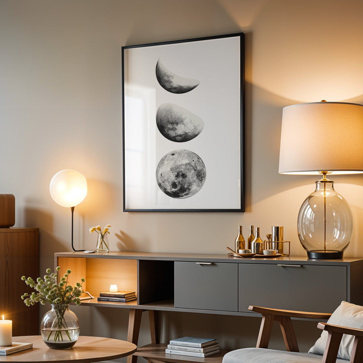 Three moon phases stacked vertically on white print in a black frame above a grey media console with a glass table lamp