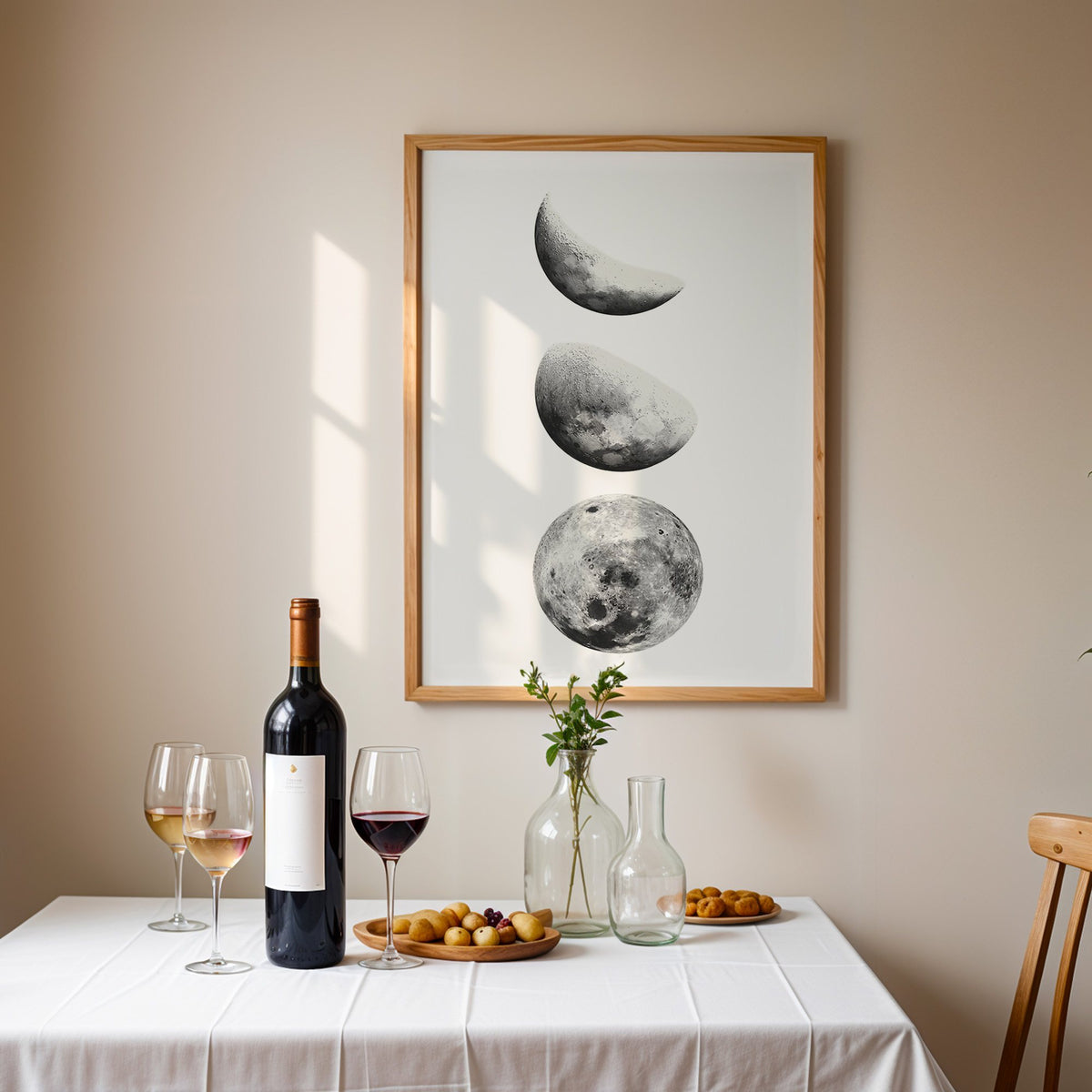 Three moon phases stacked vertically on white print in an oak frame above a table set with red wine and glasses