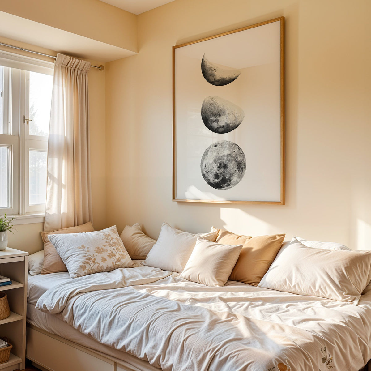 Three moon phases stacked vertically on white print in an oak frame above a cream daybed in a sunny bedroom