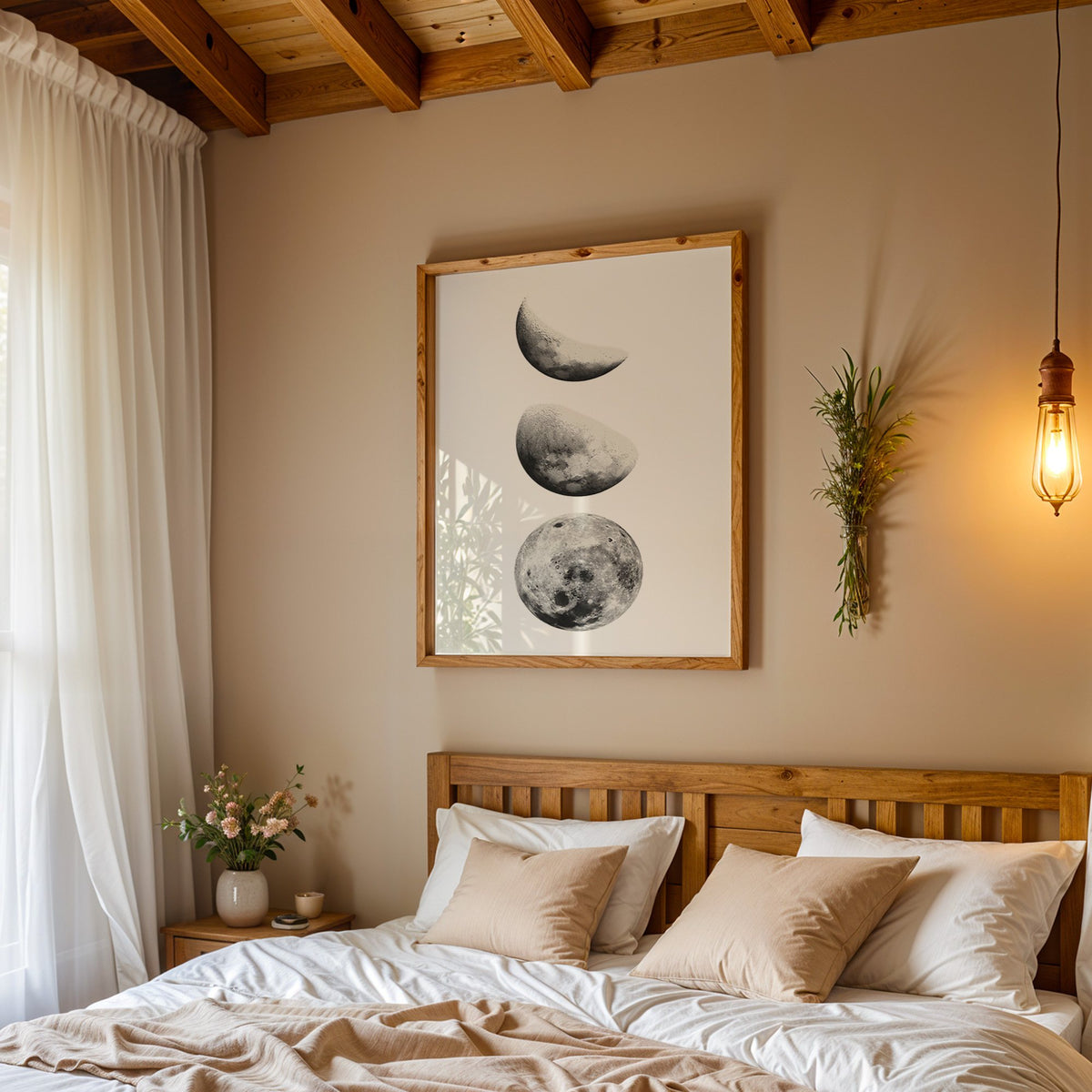 Three moon phases stacked vertically on white print in a pine frame above a wood headboard bed under a pendant bulb