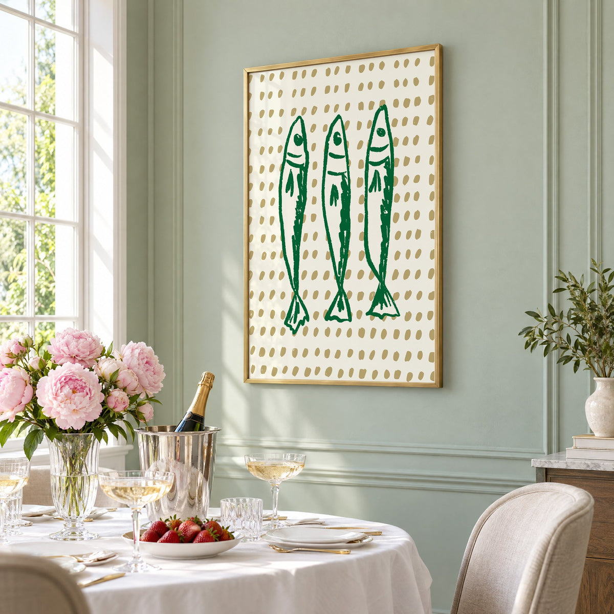 Three green sardines on dotted print in a brass frame on a sage wall above a brunch table with champagne and peonies, seen at an angle