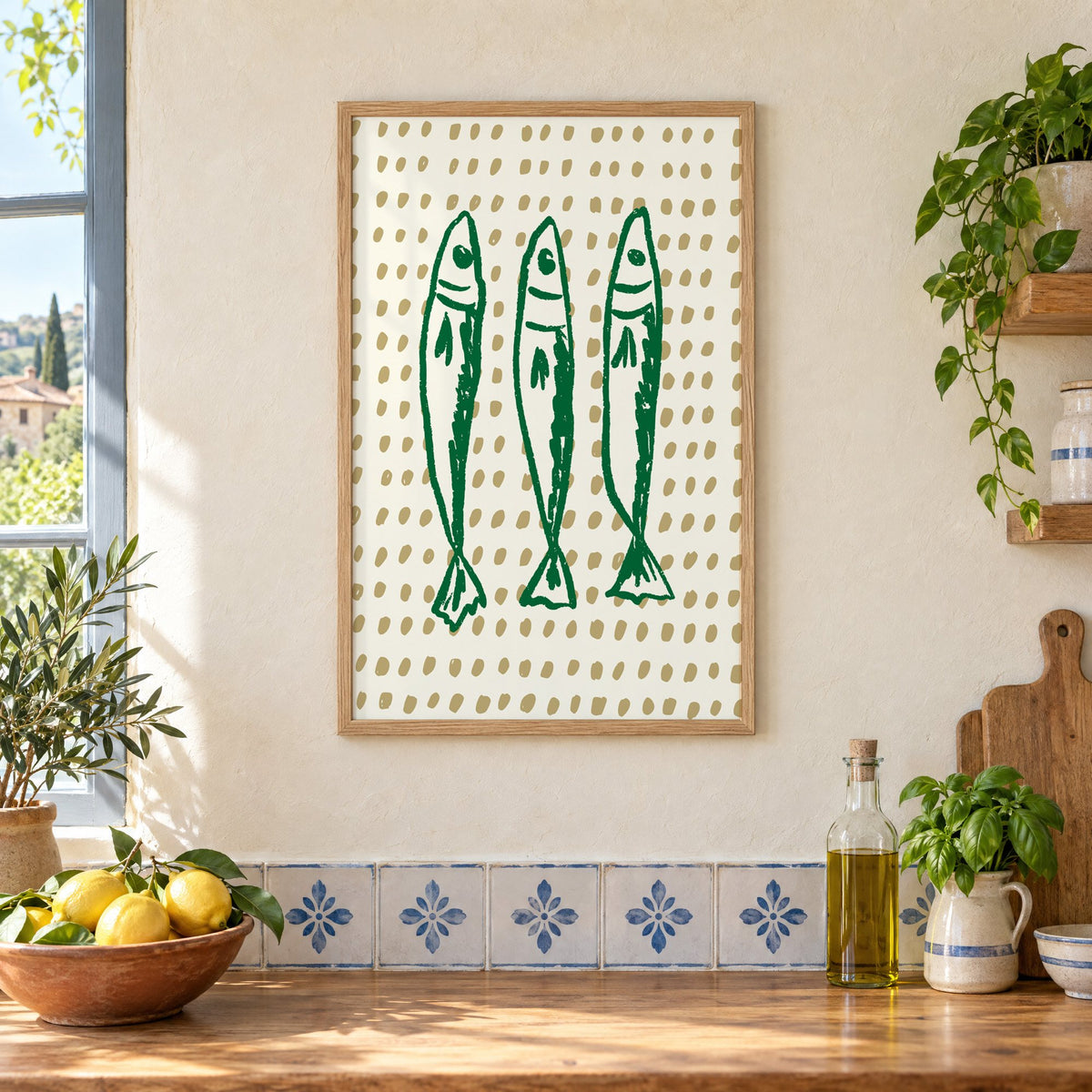 Three green sardines on dotted print in an oak frame on a cream plaster wall above a worktop with a bowl of lemons and blue-and-white tiles