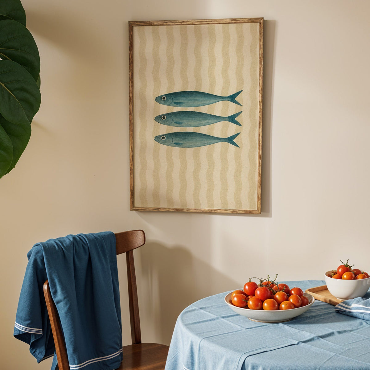 Three vintage sardines print in an oak frame above a blue linen table with tomatoes