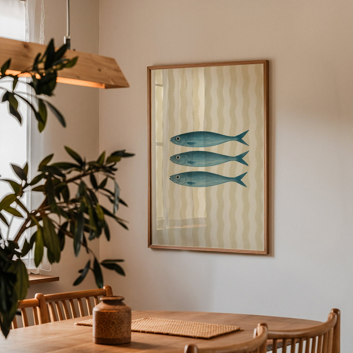Three vintage sardines print in a walnut frame above a table beside an olive tree