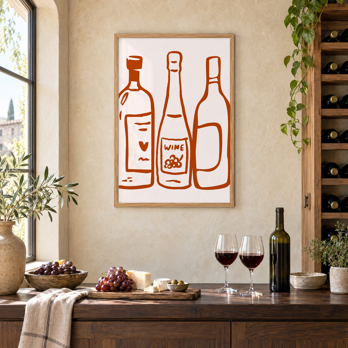 Three wine bottles rust brush line print in an oak frame on a limewashed wall above a wine counter with red wine, cheese and grapes