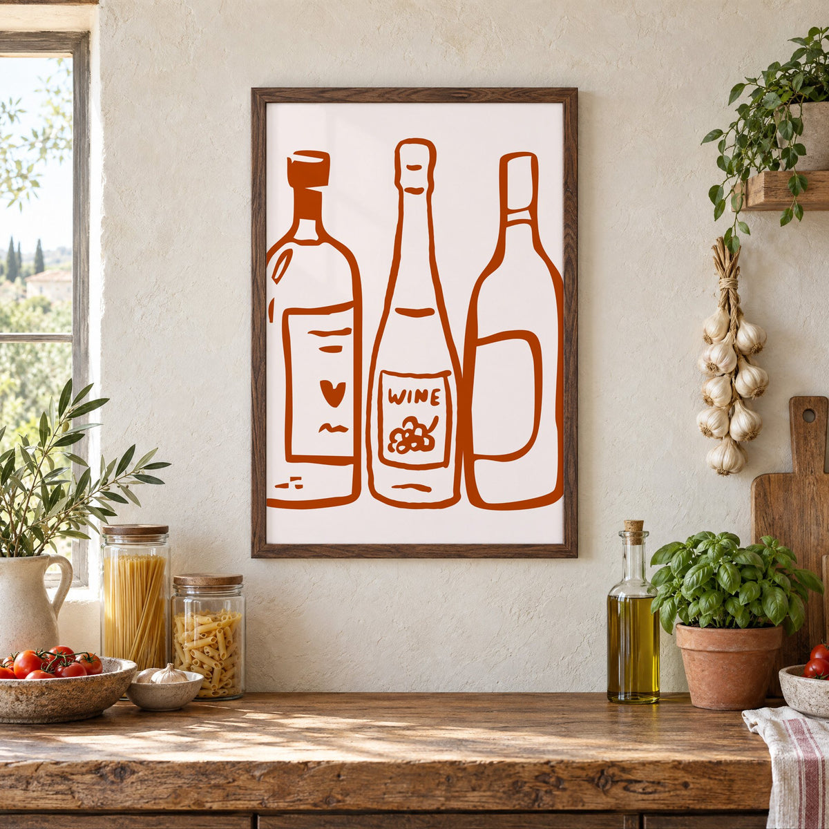 Three wine bottles rust brush line print in a walnut frame above a rustic Italian pantry counter with pasta jars, garlic and tomatoes