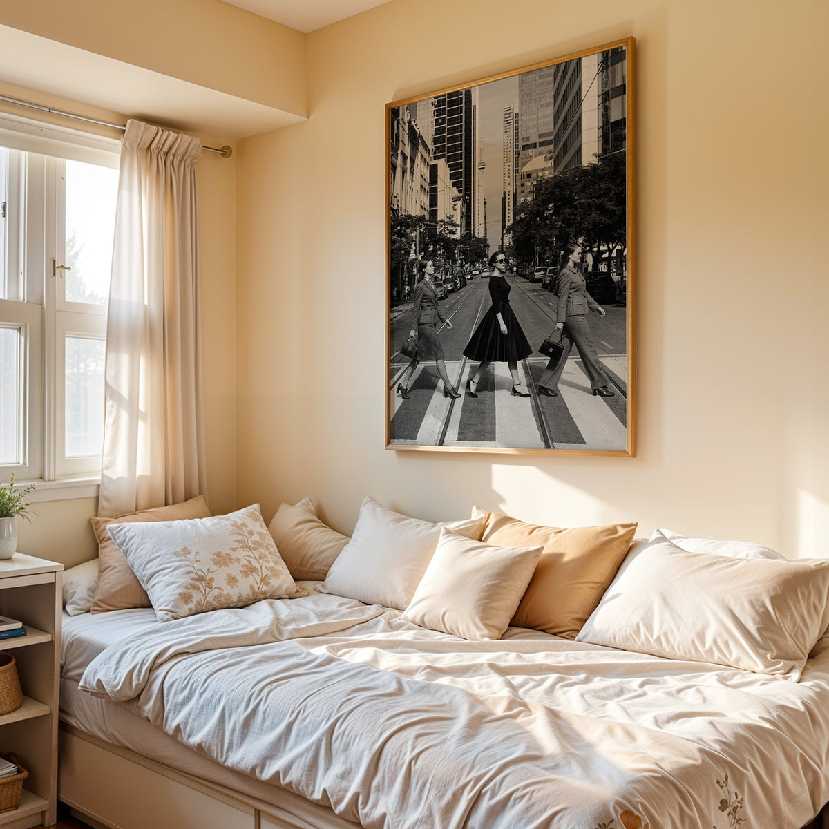 Three women crossing a city street print in an oak frame above a cream daybed in a sunny bedroom