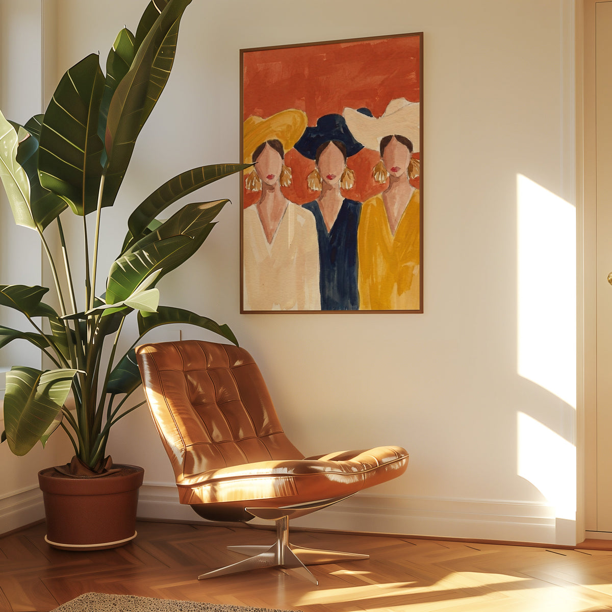 Watercolor fashion illustration print in a slim walnut frame above a tan leather lounge chair