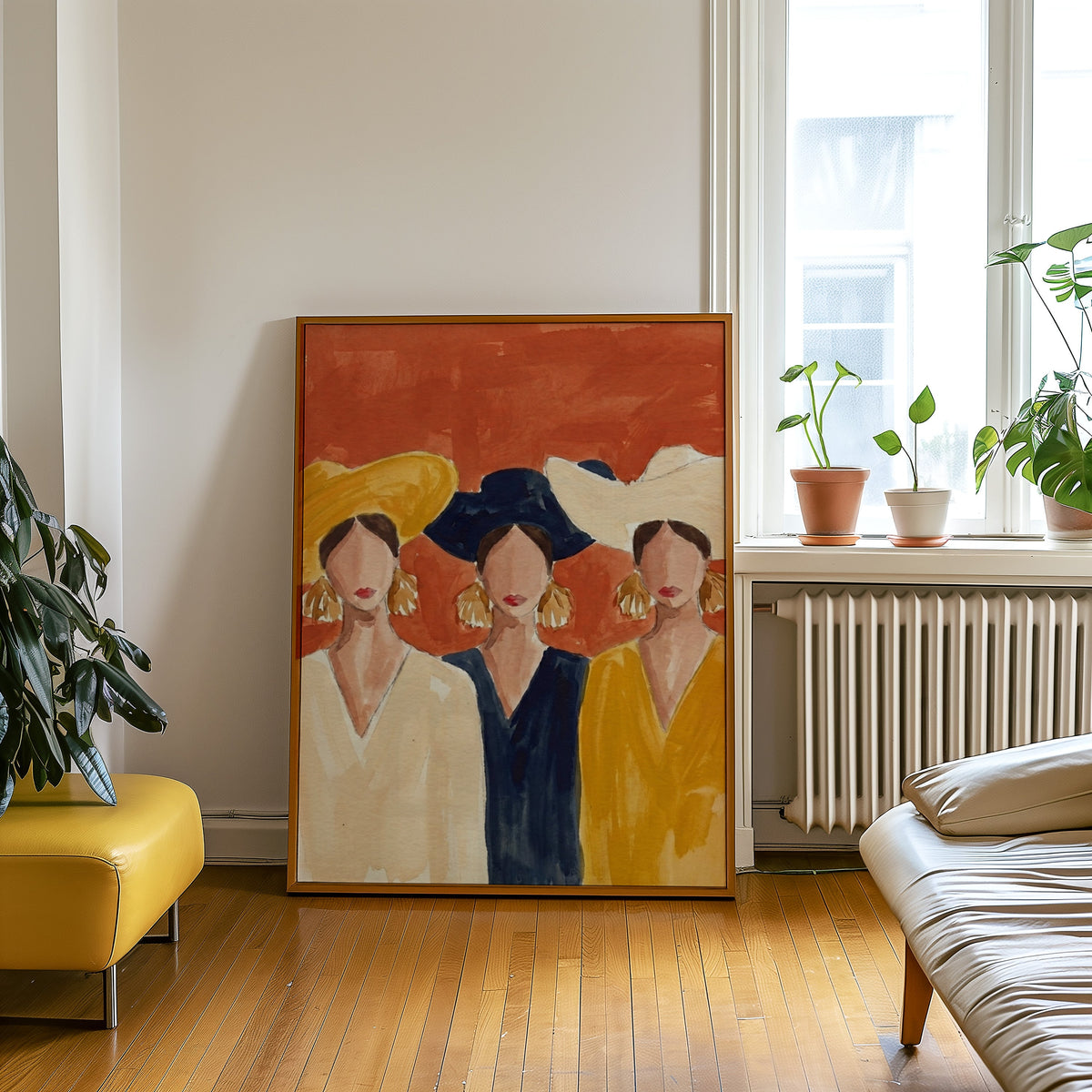Women in hats print in an oak frame leaning beside a yellow leather bench