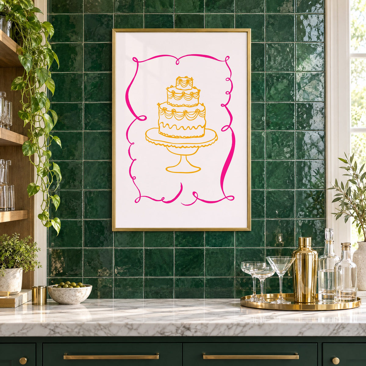 Tiered cake pink ribbon frame print in a brass frame on emerald green tiles above a home bar with coupe glasses
