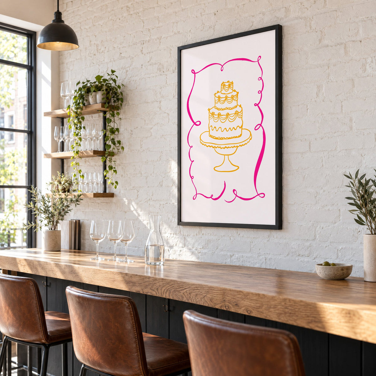 Tiered cake pink ribbon frame print in a black frame on a white brick wall above a wine bar counter