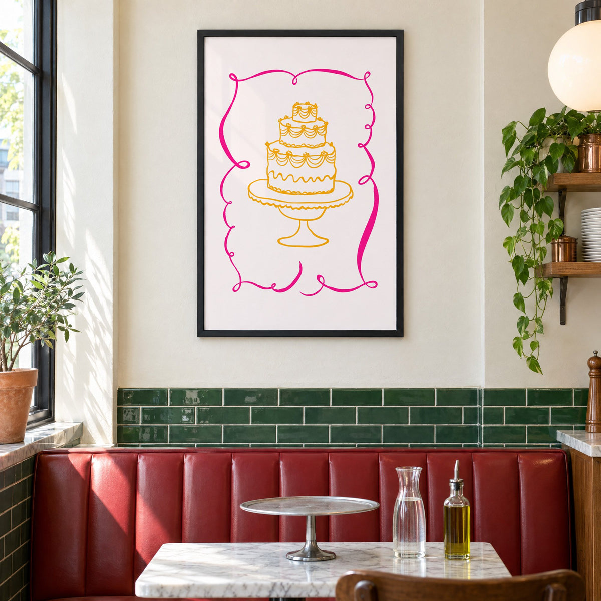 Tiered cake pink ribbon frame print in a black frame above a red leather booth in a sunny pizzeria