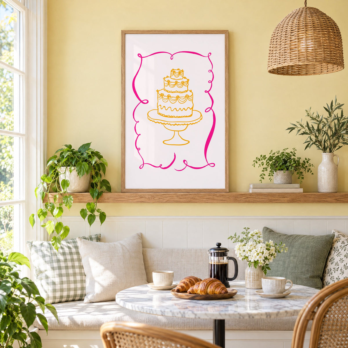 Tiered cake pink ribbon frame print in an oak frame on a picture ledge above a sunny breakfast nook