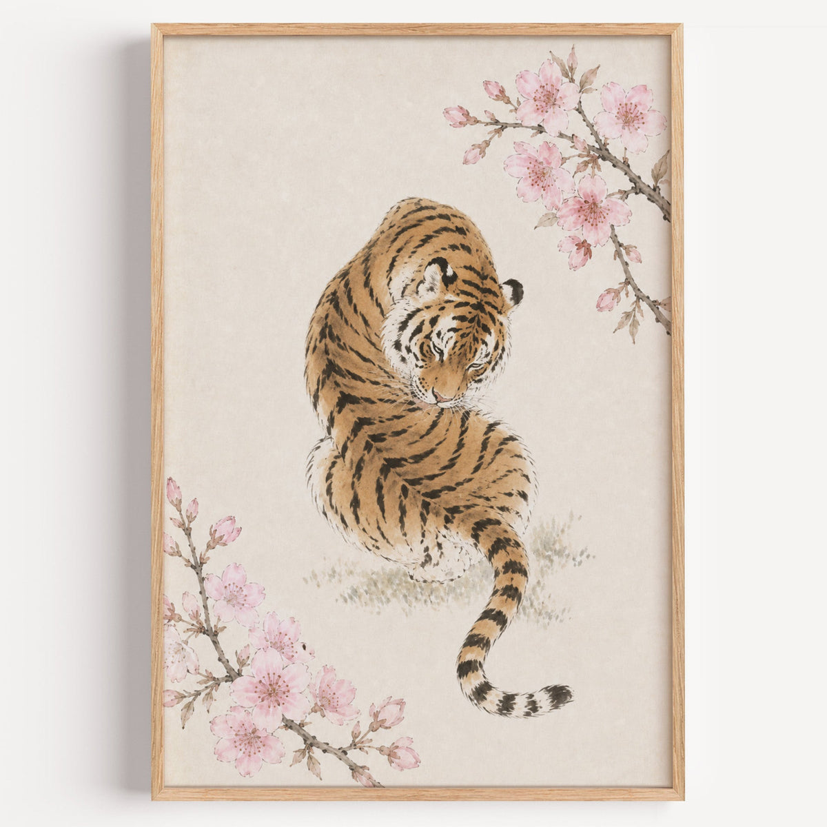 resting tiger with cherry blossom print in a light oak frame on a plain white wall