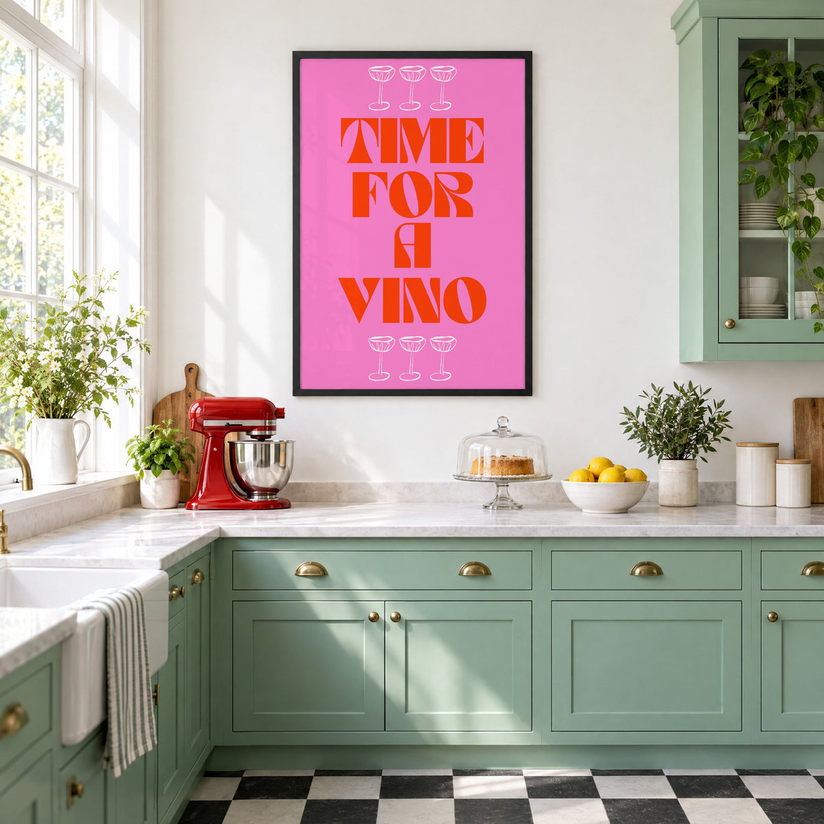 Time for a Vino pink coupes print in a black frame in a mint green retro kitchen above a red stand mixer