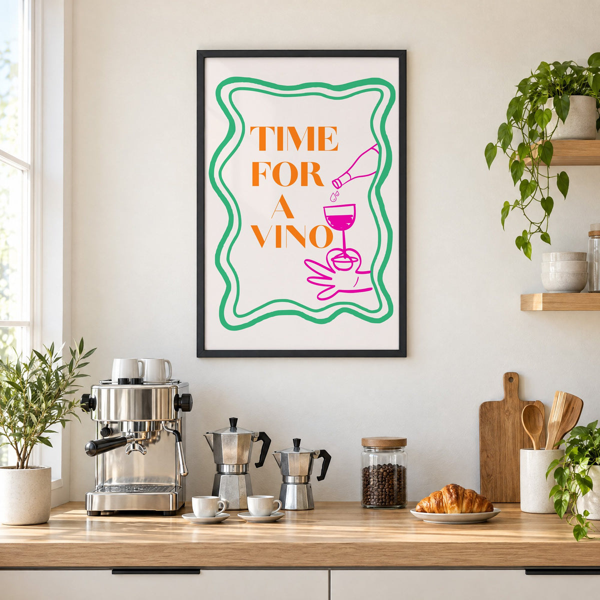 TIME FOR A VINO wine pour wavy frame print in a black frame above a home espresso bar with moka pots and espresso cups