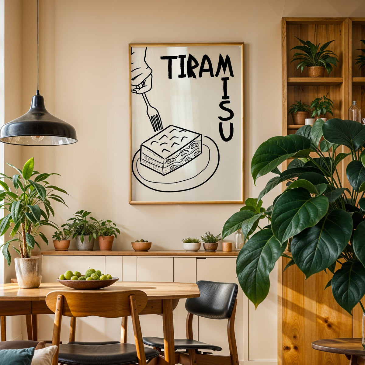 Tiramisu line art print in an oak frame above a sideboard in a plant-filled dining room
