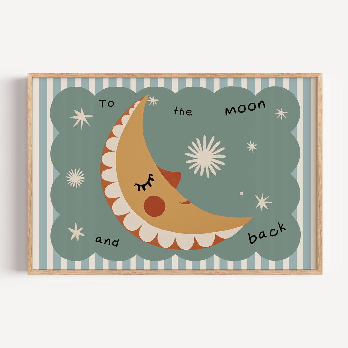 Landscape to the moon and back nursery print in a light oak frame on a plain white wall