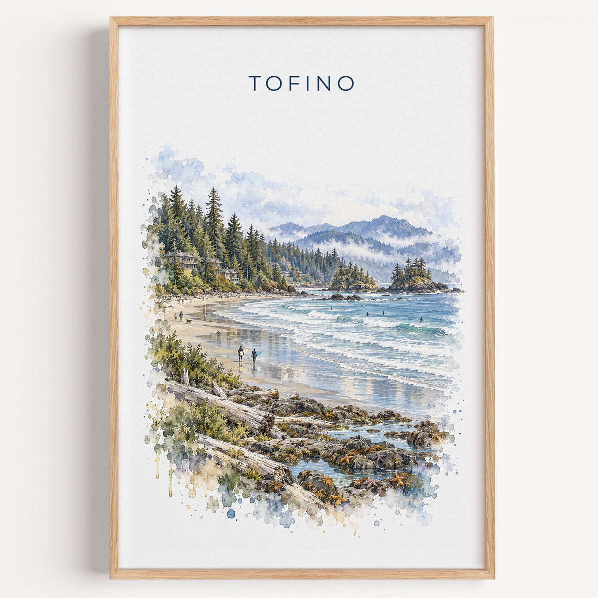 Tofino watercolor print in a light oak frame on a plain white wall