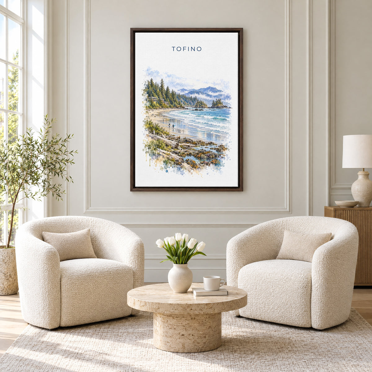 Tofino watercolor print as an espresso floater canvas above two boucle armchairs in a hotel lounge