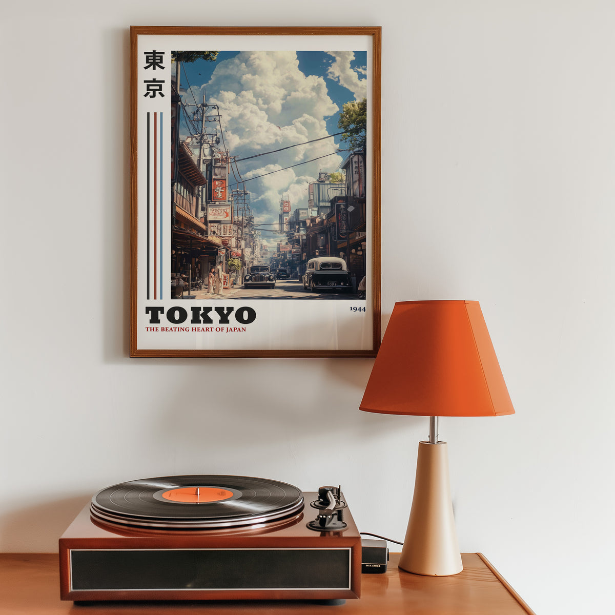Vintage Tokyo 1944 street print in a walnut frame above a sideboard with a record player